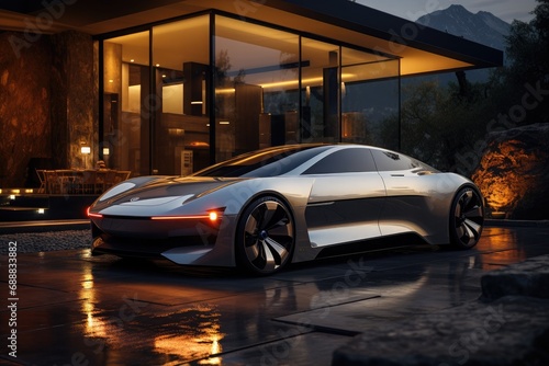 The sleek silver sports car glistens under the night sky, its alloy wheels perfectly aligned in front of the modern glass building, a symbol of luxury and cutting-edge automotive design