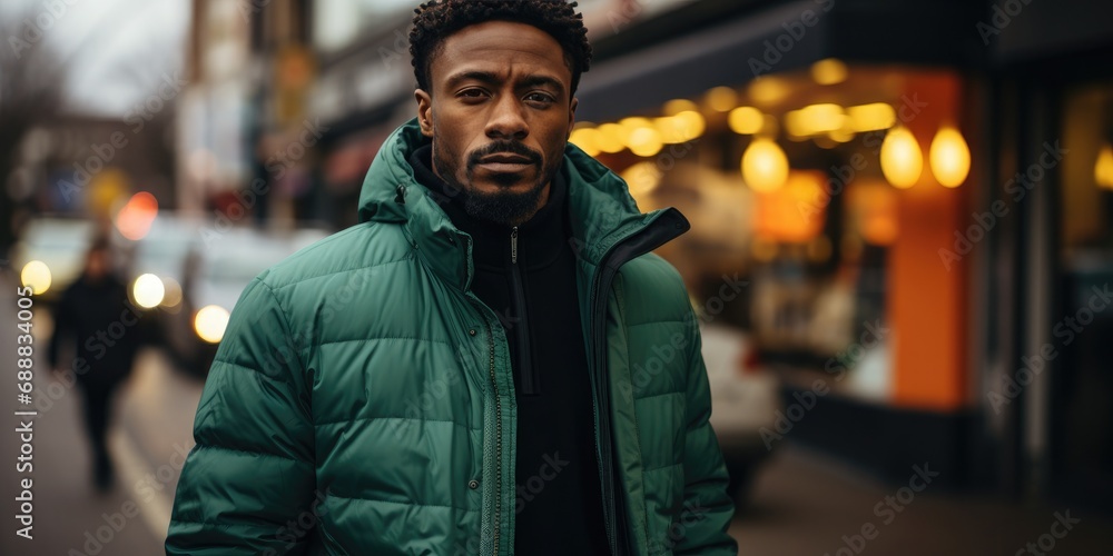A stylish man in a green coat with a thick beard and mustache stands outside a city building, embodying the essence of winter street fashion A stylish man in a green coat with a thick beard and mustache stands outside a city building, embodying the essence of winter street fashion