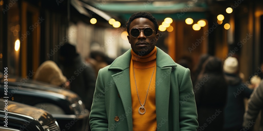 A stylish man stands confidently on a bustling street, his green coat and leather jacket complementing his cool sunglasses as he leans against a sleek car parked in front of a towering building A stylish man stands confidently on a bustling street, his green coat and leather jacket complementing his cool sunglasses as he leans against a sleek car parked in front of a towering building
