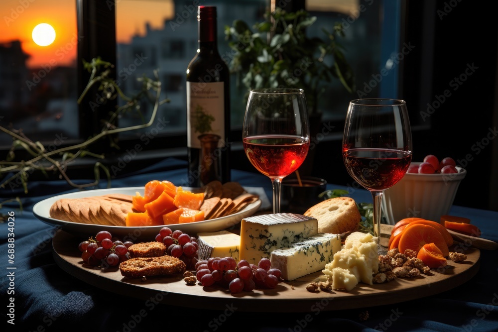 A delectable meal awaits, with a bottle of wine, stemware glasses, and a platter of fruit set on a elegant table for a luxurious indoor brunch A delectable meal awaits, with a bottle of wine, stemware glasses, and a platter of fruit set on a elegant table for a luxurious indoor brunch