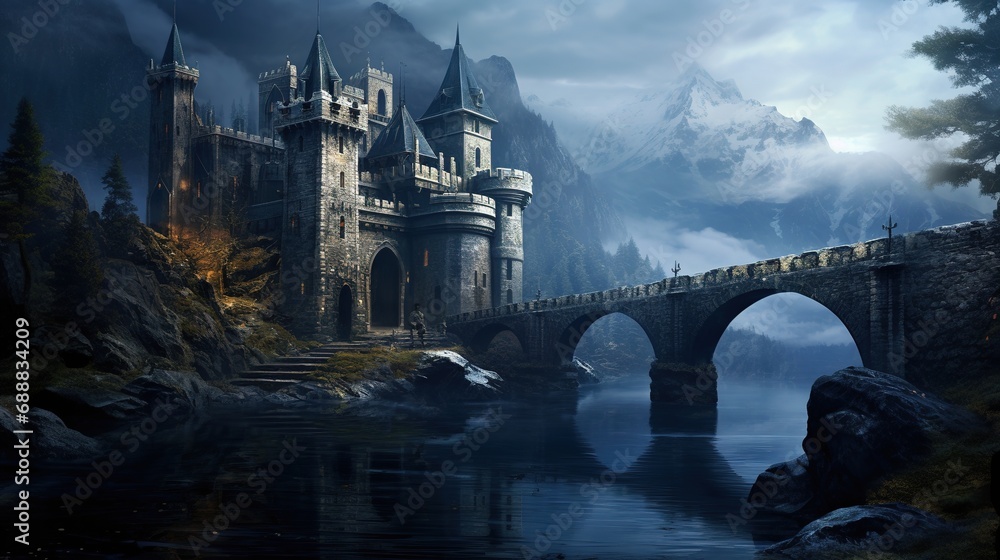 Mystical medieval castle on the island and the bridge leading to the castle