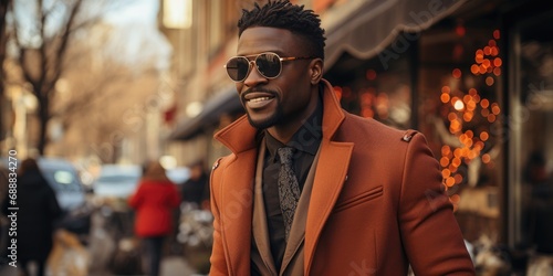 A stylish man stands confidently on the bustling city street, his sunglasses adding an air of mystery to his sharp jacket and cool demeanor photo