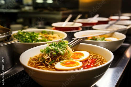 delicious beautiful bowl of ramen. Noodles with egg. Japanese dish, Chinese food. Thai street food. Asian dish.