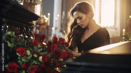 People and mourning concept. Woman with rose flowers and coffin at funeral in church photo
