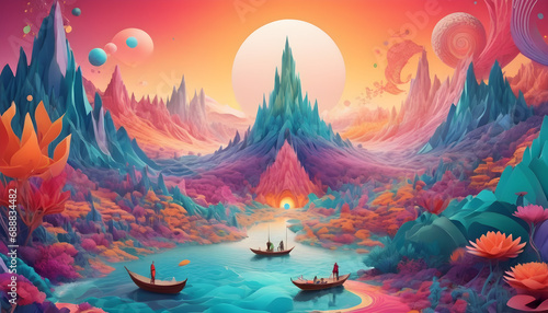 dreamscape with psychedelic paper shapes, their intricate patterns unfolding in a mesmerizing array of color tones creating a harmonious visual journey