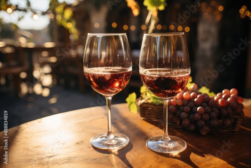 Amidst the rustic charm of a wooden table, two glasses of wine stand tall, inviting us to indulge in the decadent flavors of red and white, capturing the essence of a cozy evening spent in the compan