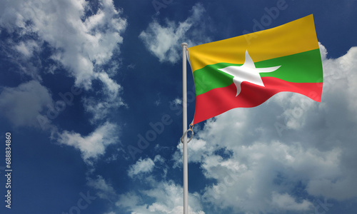 myanmar burma country flag asia blue sky cloudy white background wallpaper copy space government politic history crisis international army war conflict soldier independence freedom peace yangon trade 