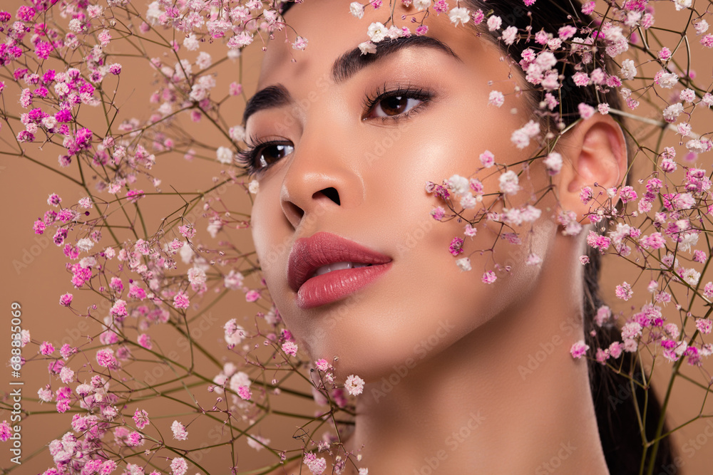 Close up photo of gentle lady aesthetic pure perfect skin facial floral mask cream isolated on beige color background Close up photo of gentle lady aesthetic pure perfect skin facial floral mask cream isolated on beige color background