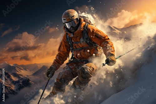 A daring mountaineer rides the snowy slope, helmet glinting under the bright winter sky, braving the glacial landform on their skis in an epic outdoor adventure photo