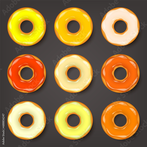 Donut, begel with cream. Cookies,cookie cake set. Sweet dessert with sugar and caramel. Tasty breakfast cooking. Cafateria food, snack. Coffee shop.Vector illustration.