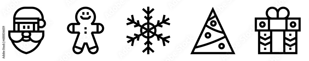 Conjunto de iconos de navidad. Festividad y celebración. Papá Noel, galleta, copo de nieve, árbol navideño, caja de regalo. Ilustración vectorial Conjunto de iconos de navidad. Festividad y celebración. Papá Noel, galleta, copo de nieve, árbol navideño, caja de regalo. Ilustración vectorial