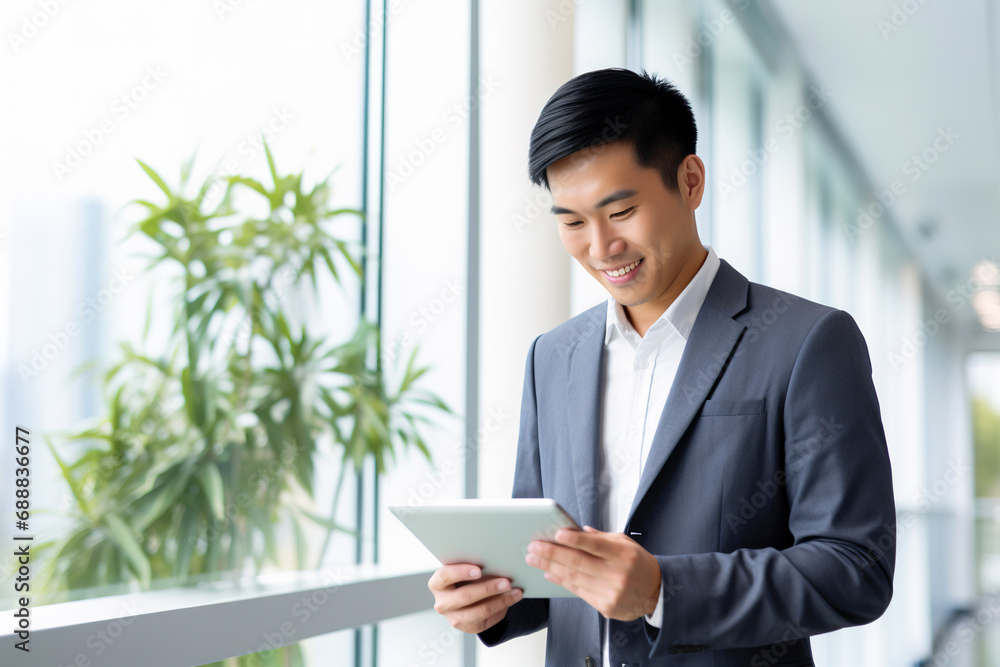 Happy business Asian man using a tablet computer in office corridor. Casual photography Happy business Asian man using a tablet computer in office corridor. Casual photography