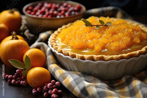 A rustic indoor setting captures the vibrant colors and fresh flavors of a citrus-inspired spread, complete with a mouth-watering tart and an overflowing bowl of juicy oranges photo