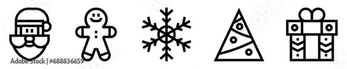 Conjunto de iconos de navidad. Festividad y celebración. Papá Noel, galleta, copo de nieve, árbol navideño, caja de regalo. Ilustración vectorial