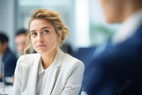 Casual shot of young Caucasian business woman sitting with colleagues in meeting