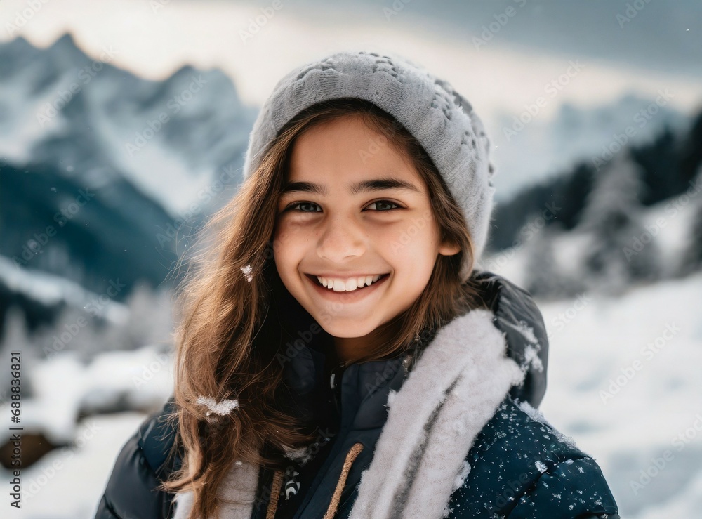 Happy tender Latin child smiling, standing on wintry landscape, snow covered mountains. Europe travel vacation in winter. Cold season holiday. Perfect image for tourism promotion, web advertisement. Happy tender Latin child smiling, standing on wintry landscape, snow covered mountains. Europe travel vacation in winter. Cold season holiday. Perfect image for tourism promotion, web advertisement.