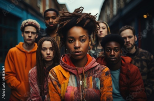 A diverse group of individuals come together on the bustling street, showcasing their unique personalities through their fashion choices as they smile for a photo, capturing a moment of human connect