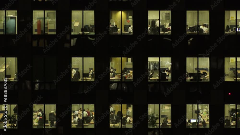 TOKYO, JAPAN : Close up shot of exterior of office building window at night. Company, corporate, job, work and business people concept video. Time lapse shot. TOKYO, JAPAN : Close up shot of exterior of office building window at night. Company, corporate, job, work and business people concept video. Time lapse shot.