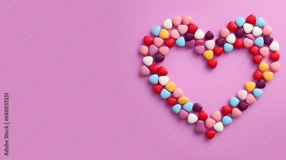 Heart made of colorful candy on a purple background.  Valentine's Day, BIrthday concept.