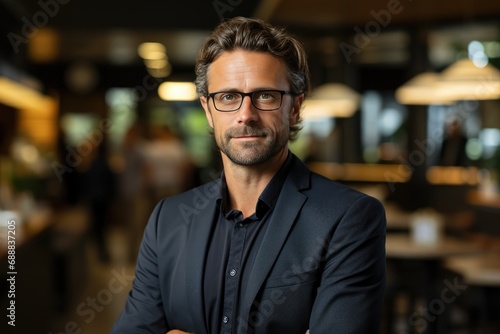 A bearded man exudes confidence and sophistication as he flashes a charming smile, his glasses adding a touch of intellectual style, while seated in a cozy restaurant wearing a sleek black jacket