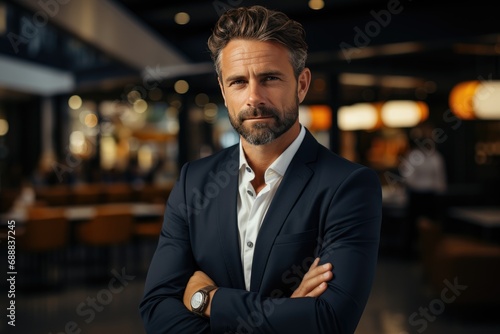 A dapper gentleman stands confidently indoors, exuding professionalism and style in his sharp suit and groomed beard and mustache