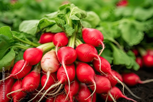 Many Radis Bunches in Market, Fresh Radish Root Bundle, Pile of Red Radishes with Green Leaves