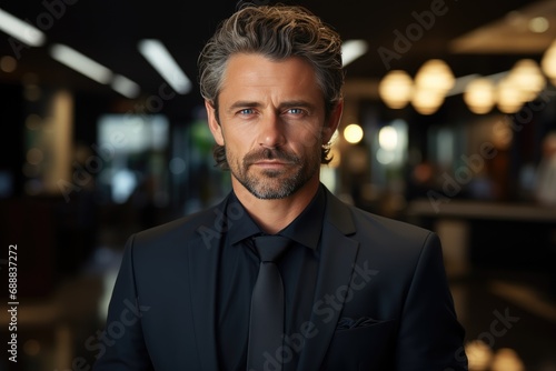 A dapper gentleman, with a well-groomed beard and sharp facial features, stands confidently indoors wearing a sleek suit and dress shirt with a crisp collar and blazer