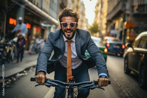 A stylish businessman confidently pedals through the bustling city streets, his suit and bicycle frame reflecting the urban landscape as he embraces the freedom and simplicity of cycling