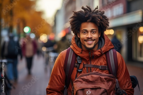 A cheerful man with curly locks and a stylish backpack navigates the bustling city streets, his vibrant smile matching the colorful street fashion as he carries himself with confidence