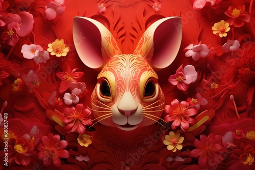 Chinese new year rabbit head in the style of paper cut. Red background