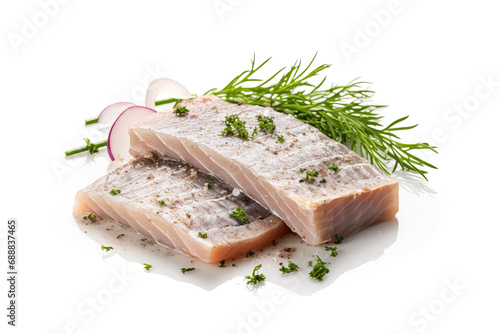 Salted Herring Fillet Isolated, Raw Pickled Fish Meat, Marinated Herring on White Background photo