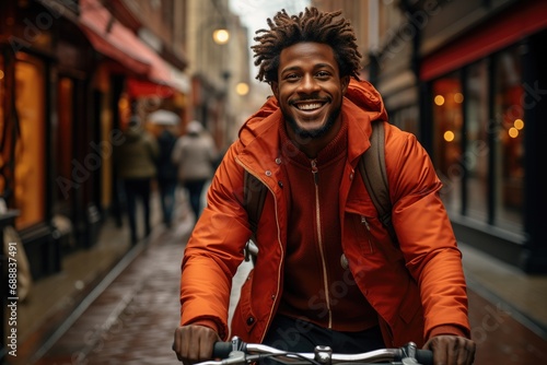 A happy cyclist sporting a stylish jacket and a big smile rides through the busy streets, the spinning bicycle wheels and towering buildings creating a dynamic outdoor scene © Larisa AI