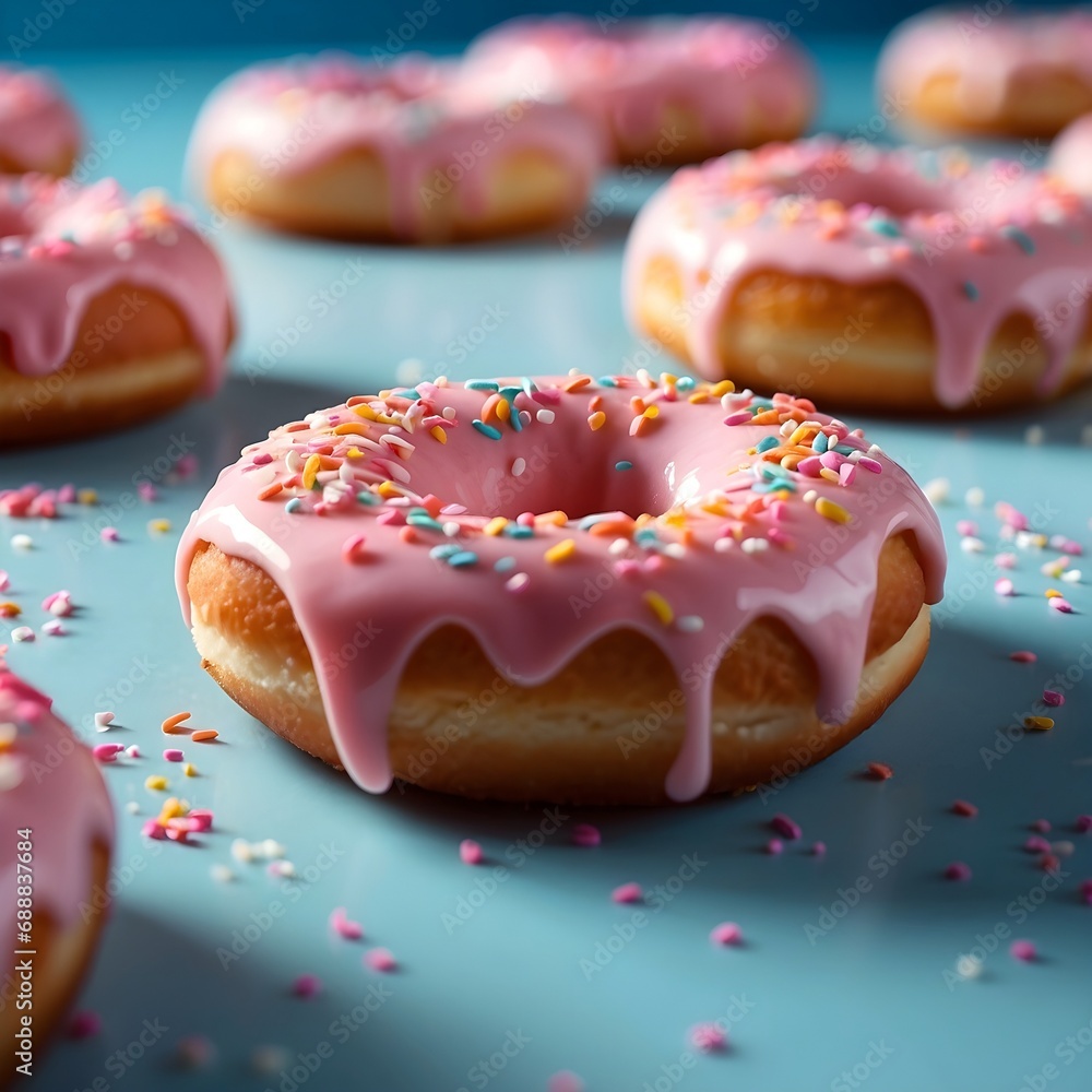 A detailed close-up indoor image of pink frosted doughnuts with sprinkles and icing with a light blue background, some mess and splatter from the doughnuts A detailed close-up indoor image of pink frosted doughnuts with sprinkles and icing with a light blue background, some mess and splatter from the doughnuts