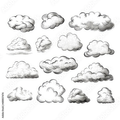 Hand drawn sketchy cloud collection isolated on white. Sketched black pencil clouds outline illustration photo