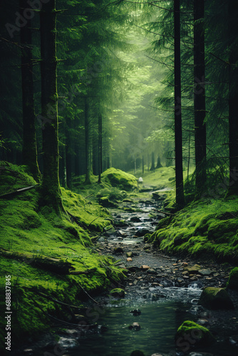 Misty forest with small stream among the trees. Green nature concept © LorenaPh