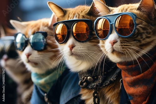 cats portrait with sunglasses  Funny animals in a group together looking at the camera  wearing clothes  having fun together  taking a selfie  An unusual moment full of fun and fashion consciousness.
