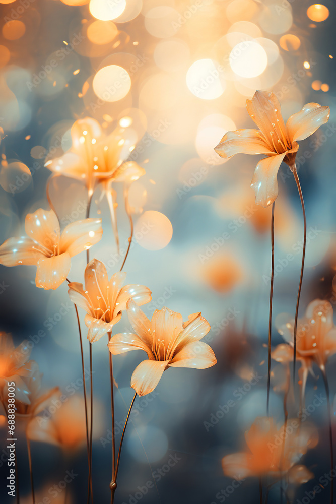 Golden lights among tiny flowers and bokeh effect as background. Vertical shot Golden lights among tiny flowers and bokeh effect as background. Vertical shot