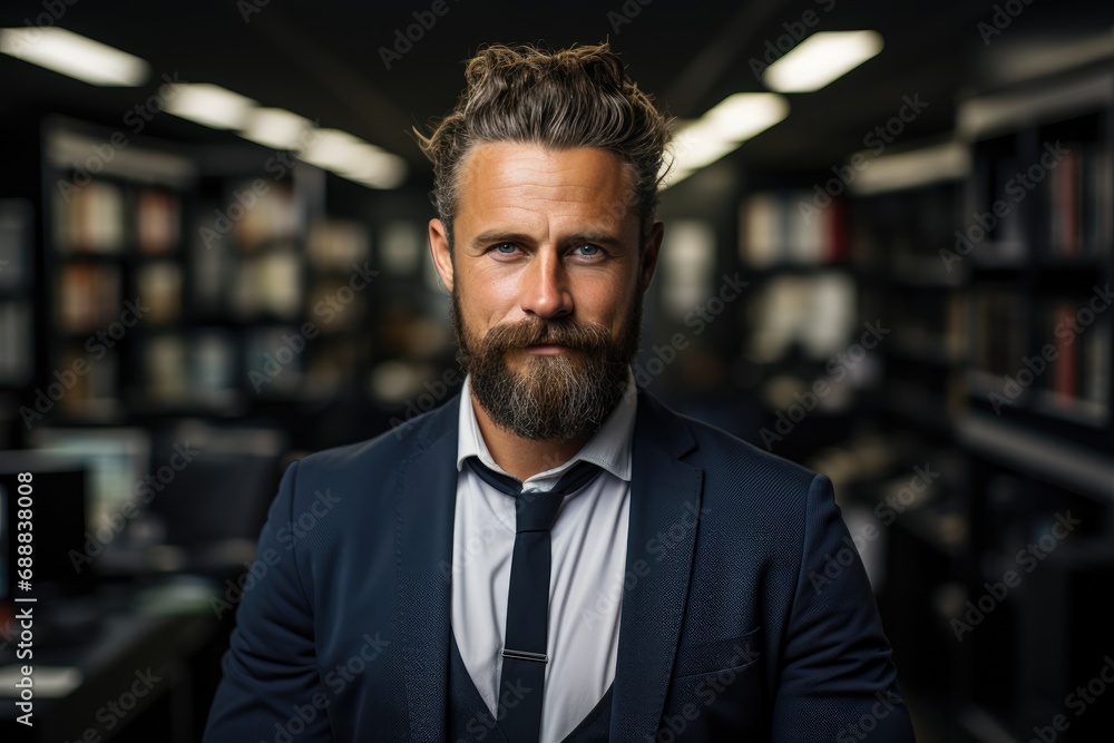 A dapper gentleman stands proudly among his books, his face framed by a well-groomed beard, exuding an air of intelligence and sophistication in his tailored suit A dapper gentleman stands proudly among his books, his face framed by a well-groomed beard, exuding an air of intelligence and sophistication in his tailored suit