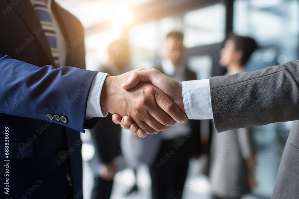 Handshake between two male business people. Close up shot. Entrepreneur concept