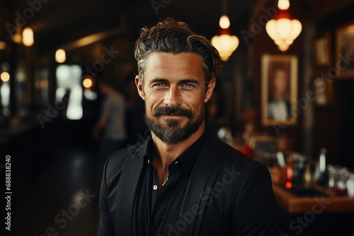 A distinguished man with a dark beard and sharp moustache gazes confidently at the camera, framed by the dimly lit bar walls and accentuated by his sleek black suit and glasses