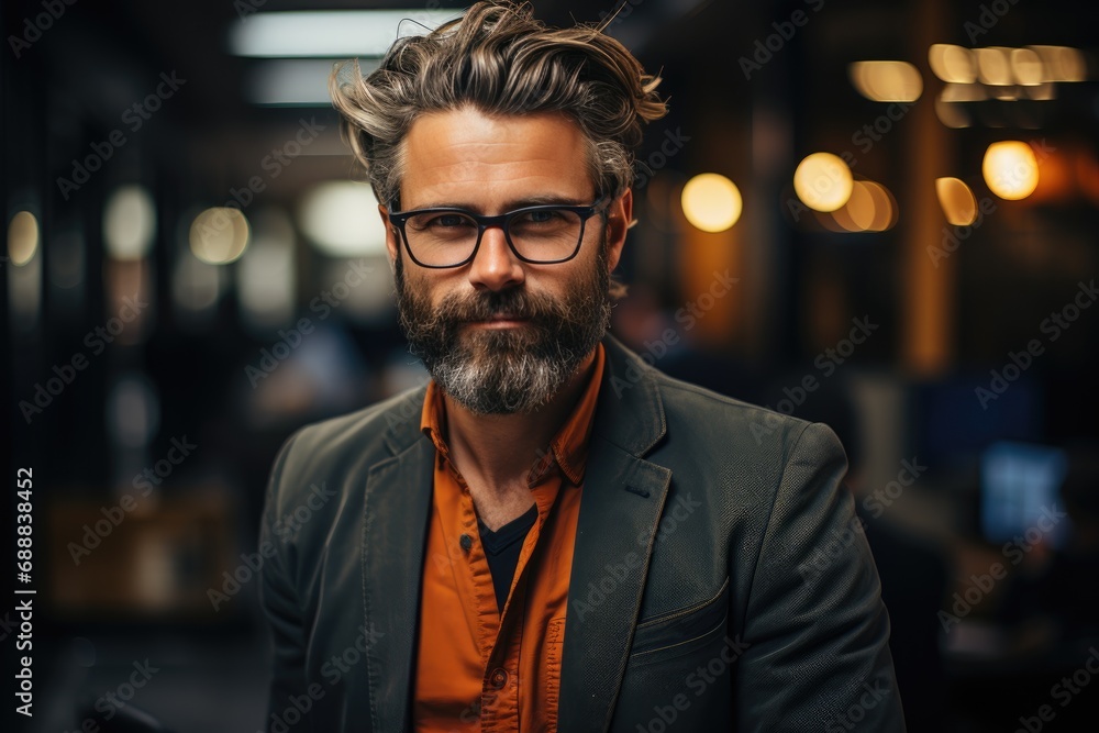 A stylish gentleman with a distinguished beard and mustache, adorned with glasses, exudes sophistication as he confidently walks the city streets A stylish gentleman with a distinguished beard and mustache, adorned with glasses, exudes sophistication as he confidently walks the city streets