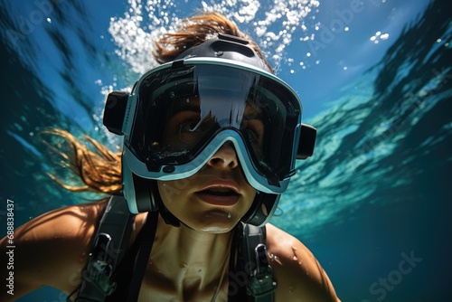 A skilled divemaster gracefully explores the depths of the ocean, equipped with goggles and an oxygen mask, her figure silhouetted against the shimmering blue water