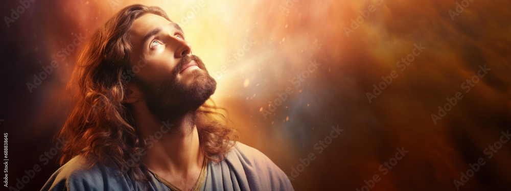 Portrait of Jesus with colorful bokeh, looking up