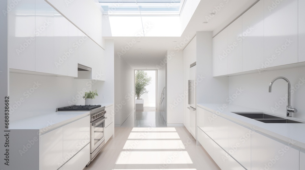 A sleek white kitchen flooded with natural light from large skylights, creating an elegant and spacious ambiance. Generative AI.