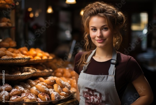 A stylish woman indulges in a delectable donut from a charming bakery, her human face filled with delight as she peruses the tempting display of baked goods