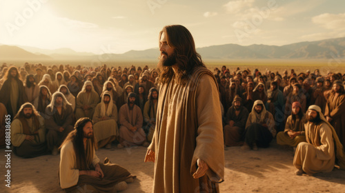 Jesus Christ preaching, crowd of listeners around him photo