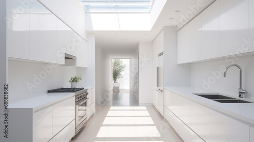 A sleek white kitchen flooded with natural light from large skylights  creating an elegant and spacious ambiance. Generative AI.