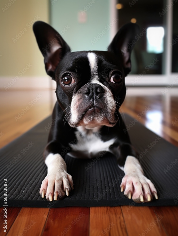 A cute French bulldog puppy sits on a yoga mat, trying to do yoga. Generative AI.
