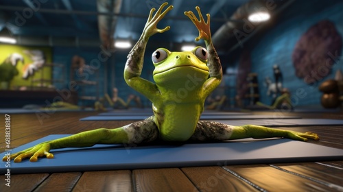 A frog is doing yoga in a room. Generative AI.
