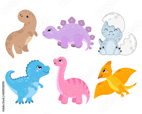 Set of cute baby dinosaurs. Kids print, stickers, vector